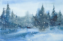 Watercolor Winter  Landscape