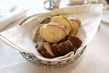 Bread on napkin in basket