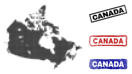 Wall Mural - halftone vector dot abstract canada map and isolated black, red, blue rubber-style stamp seals. cana