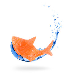 Wall Mural - Conceptual image of a slice of red fish with water splash on white background