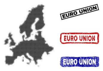 Halftone vector dot abstract Euro Union map and isolated black, red, blue grunge stamp seals. Euro Union map caption inside rough rectangle frames and with grunge rubber texture.