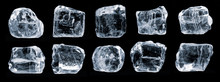 Set Of Ice Cubes, Isolated On Black Background,  Clipping Path For Each Piece Included.