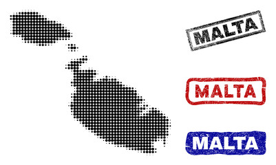 Halftone dot vector abstracted Malta Island map and isolated black, red, blue grunge stamp seals. Malta Island map caption inside draft rectangle frames and with grunge rubber texture.