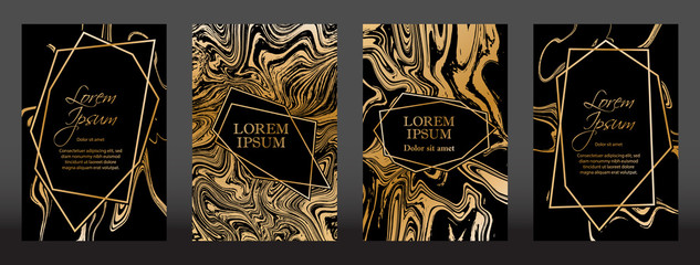 Wall Mural - Gold marble texture and geometric frames on black backgrounds vector set. Luxury design for brochure, banner, vip invitation, cover, business card. Gold foil black marble pattern texture and frames.