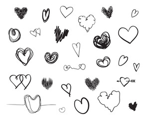 Hand drawn hearts on isolated white background. Set of love signs. Unique image for design. Line art creation. Black and white illustration. Elements for poster or flyer