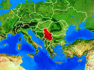  Serbia from space on model of planet Earth with country borders and very detailed planet surface.