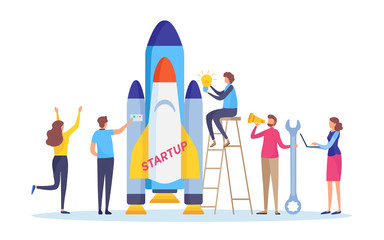 Wall Mural - startup the project. boost your business concept. business people's launch the rocket. flat cartoon 