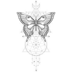 Vector illustration with hand drawn butterfly and Sacred geometric symbol on white background. Abstract mystic sign.