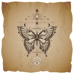 Vector illustration with hand drawn butterfly and Sacred geometric symbol on vintage paper background with torn edges. Abstract mystic sign.