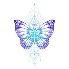 Vector illustration with hand drawn butterfly and Sacred geometric symbol on white background. Abstract mystic sign.