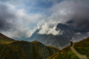 Fantastic views of the Alpine mountains on the territories of Itila and Switzerland on a tourist route around Mont Blanc