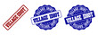 VILLAGE IDIOT scratched stamp seals in red and blue colors. Vector VILLAGE IDIOT labels with dirty style. Graphic elements are rounded rectangles, rosettes, circles and text labels.