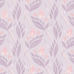 Wall Mural - Seamless vector floral pattern with abstract flowers and leaves in pastel purple colors on light background