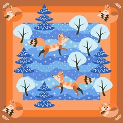  Foxes in the winter forest. Wonderful square postcard or print for pillowcases in the vector.