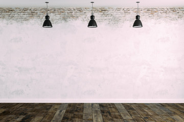 Wall Mural - 3d room with white brick wall and ceiling lamp