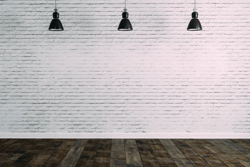 Wall Mural - 3d room with white brick wall and ceiling lamp