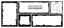 Set Of Ink Grunge Frames With Damaged Edges. Black Distress Border. Vector Hand Draw Template.