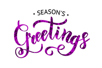 Wall Mural - Season's Greetings brush calligraphy vector banner. Lettering winter frosty card purple text on a snowy background. Christmas posters, cards, headers, website