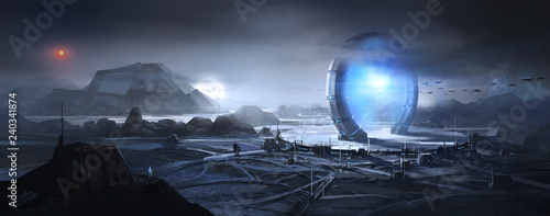 Fotomural There are scenes of conveyor devices on the outer planet, digital painting