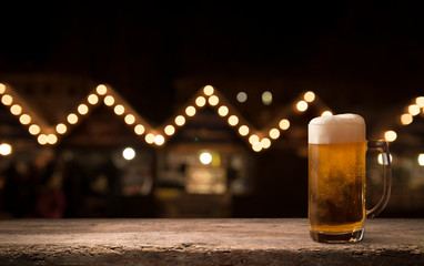 Desk space platform over bokeh light at night pub for product display montage.