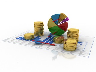 3d rendering Stock market online business concept. business Graph with gold coin