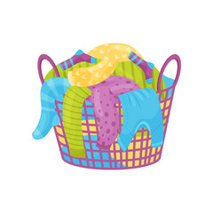 Wall Mural - Purple basket with handles full of dirty laundry. Socks, t-shirts and sweaters for washing. Flat vector icon