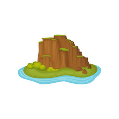 Wall Mural - small island with green plants and mountain slopes with grass on tops. flat vector for mobile or com