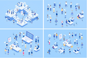 Teamwork, cooperation. Office people.Isometric people vector set.  Isometric office workspace with people working together. Coworking. Flat vector illustration.	
