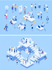 Canvas Print - Teamwork, cooperation. Office people.Isometric people vector set.  Isometric office workspace with people working together. Coworking. Flat vector illustration.	