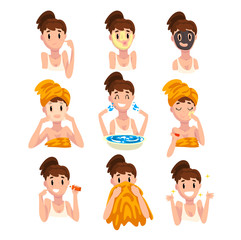 Sticker - Girl with skin problems set, steps to clean the face, dermatology and cosmetology concept vector Illustration