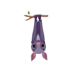 Poster - Funny bat hanging upside down on tree branch, cute creature cartoon character vector Illustration on a white background