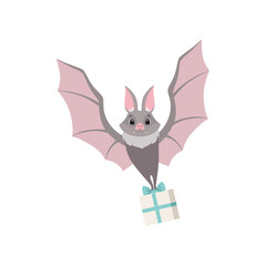 Canvas Print - Cute bat flying with gift box, gray funny creature cartoon character vector Illustration on a white background