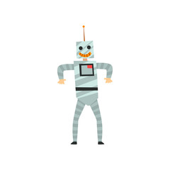 Sticker - Man in robot costume, funny person at carnival party or masquerade vector Illustration on a white background