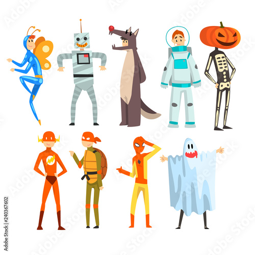 Fotografie, Obraz People in carnival costumes set, funny persons dressed as an butterfly, robot, w