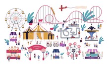 Tiny People In Amusement Park With Various Attractions, Rides, Circus Tent, Kart Track, Stalls With Cotton Candy And Ice Cream. Area For Family Entertainment. Vector Illustration In Flat Style.