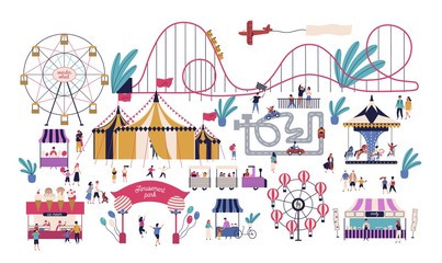 tiny people in amusement park with various attractions, rides, circus tent, kart track, stalls with 