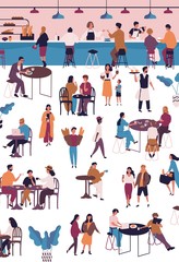 Tiny people at cafe, coffeehouse or espresso bar. Men and women sitting at tables, drinking coffee or tea, eating desserts and talking to each other. Vector illustration in flat cartoon style.