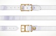 Thin white leather belt buttoned, unbuttoned and seamless middle part isolated on white background