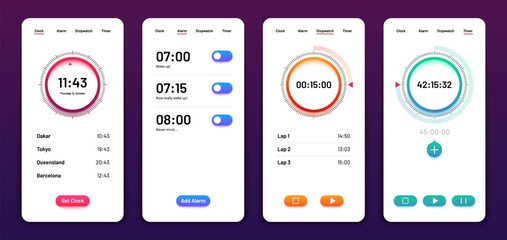 clock user interface. alarm stopwatch timer ui mobile phone. time app vector design. illustration of