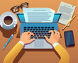 Writer writes document. Journalist create storytelling with laptop. Hands typing on computer keyboard. Story writing vector concept. Illustration of journalist write blogging