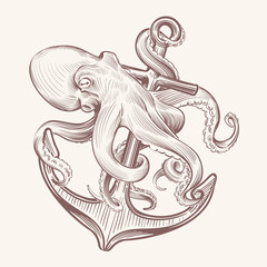 Wall Mural - Octopus with anchor. Sketch sea kraken squid holding ship anchor. Octopus navy tattoo vector vintage design. Illustration of octopus and anchor, mythical animal and hook