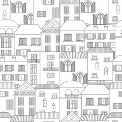  Hand-drawn houses in Italian style seamless pattern. Old town vector illustration.