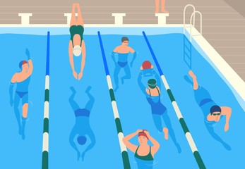 Wall Mural - Male and female flat cartoon characters wearing caps, goggles and swimwear jumping and swimming or divining in pool. Men and women performing sports activity in water. Modern vector illustration.