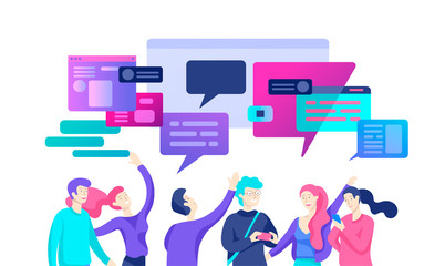 Wall Mural - Concept Landing page template, flat style, businessmen discuss social network, news, social networks, chat, dialogue speech bubbles, new projects