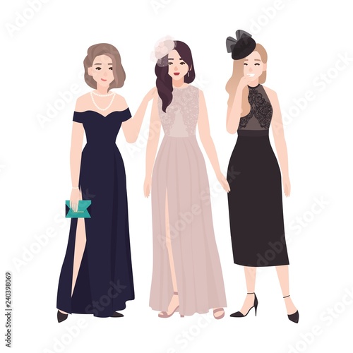 Group Of Young Women In Elegant Evening Dresses Standing Together And Talking Or Gossiping At Party Or Prom Ball Stylish Girls Isolated On White Background Flat Cartoon Vector Illustration Stock Vector