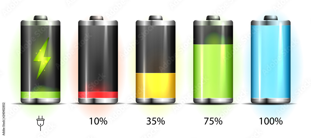 Realistic discharged and fully charged battery smartphone - vector infographic. Isolated on white background - obrazy, fototapety, plakaty 