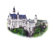 Munich,Bavaria,Germany. Neuschwanstein Castle in sketch style. Watercolor illustration of Historical showplace for print, souvenirs, postcards, t-shirts, decoration.