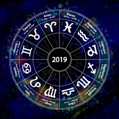 Circle with signs of zodiac on watercolor background. Vector ill