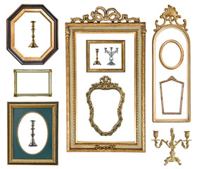 Wall Mural - Vintage silver and golded rectangular frames with an ornament and candlesticks isolated on white. Retro style.