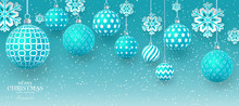 Christmas Gently Green Baubles With Geometric Patterns And Snowflakes. Abstract Christmas Background In Pastel Colors. A Place For Your Text. Vector
